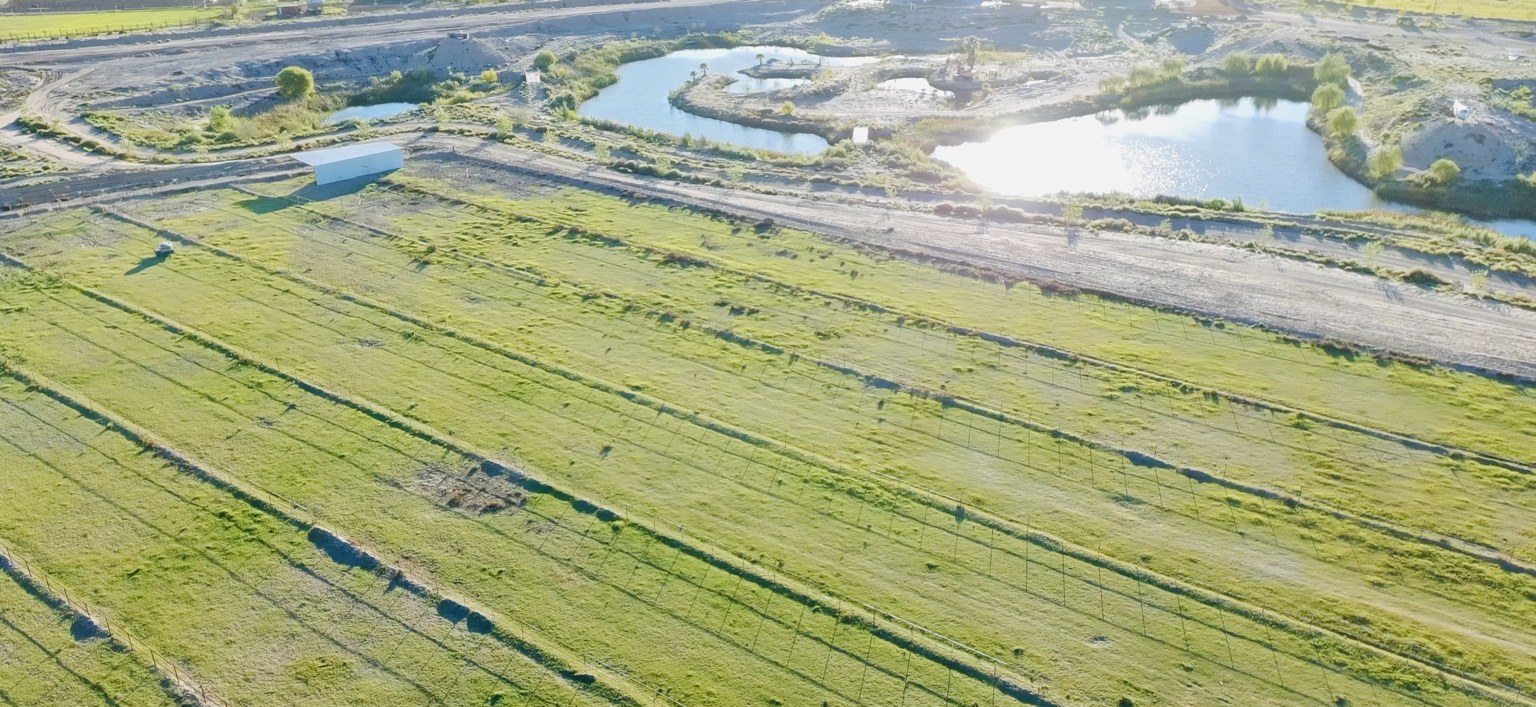 Aerial view of Bermuda pasture turnouts beside the private lake